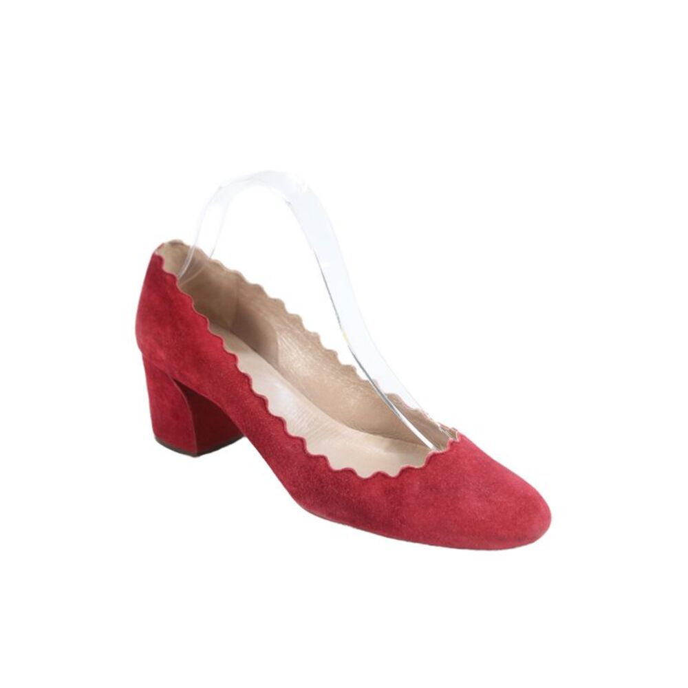Chloe Womens Lauren Suede Scalloped Block-Heel Pumps Red Size 9